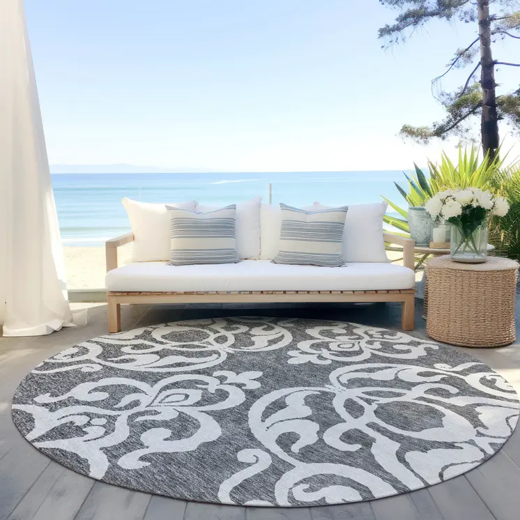 8' Gray And Ivory Round Damask Washable Indoor Outdoor Area Rug