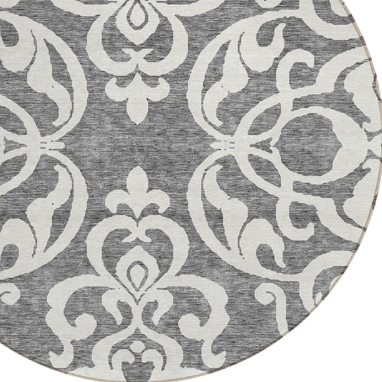 8' Gray And Ivory Round Damask Washable Indoor Outdoor Area Rug