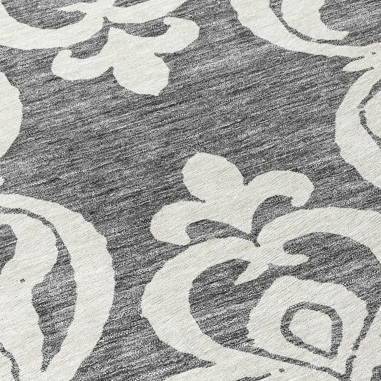 8' Gray And Ivory Round Damask Washable Indoor Outdoor Area Rug