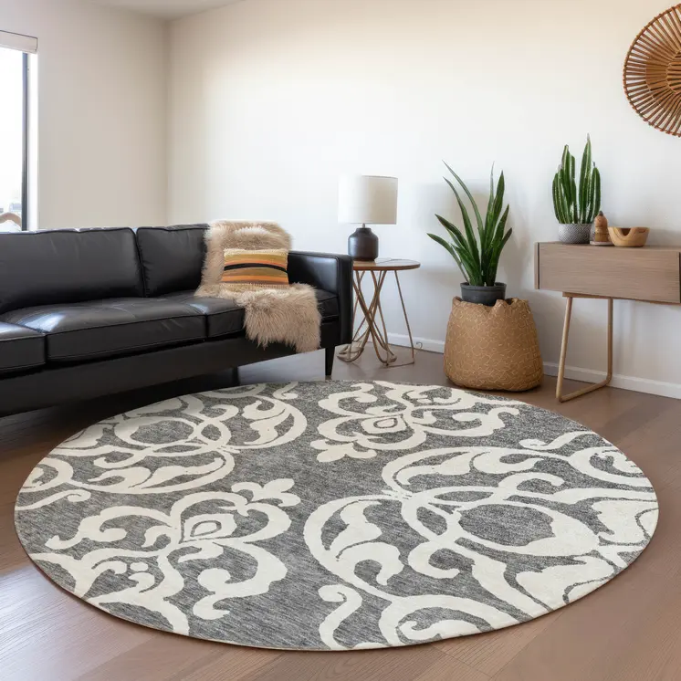 8' Gray And Ivory Round Damask Washable Indoor Outdoor Area Rug