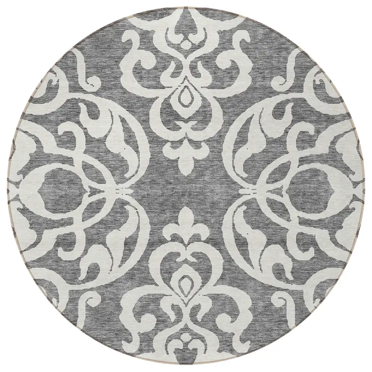 8' Gray And Ivory Round Damask Washable Indoor Outdoor Area Rug