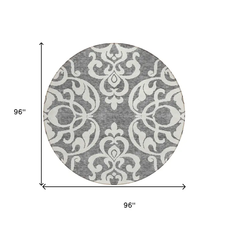 8' Gray And Ivory Round Damask Washable Indoor Outdoor Area Rug