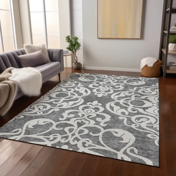8' X 10' Gray And Ivory Damask Washable Indoor Outdoor Area Rug