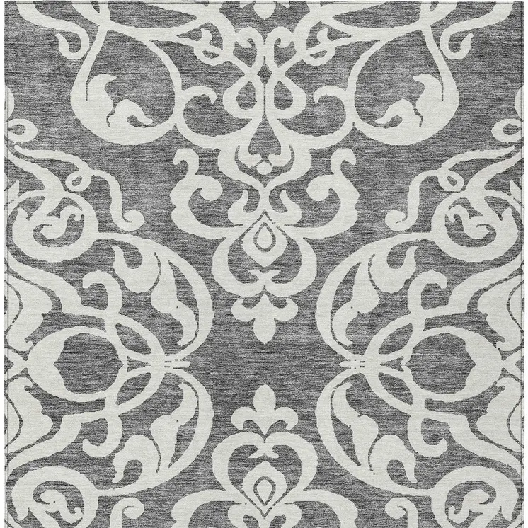 10' X 14' Gray And Ivory Damask Washable Indoor Outdoor Area Rug