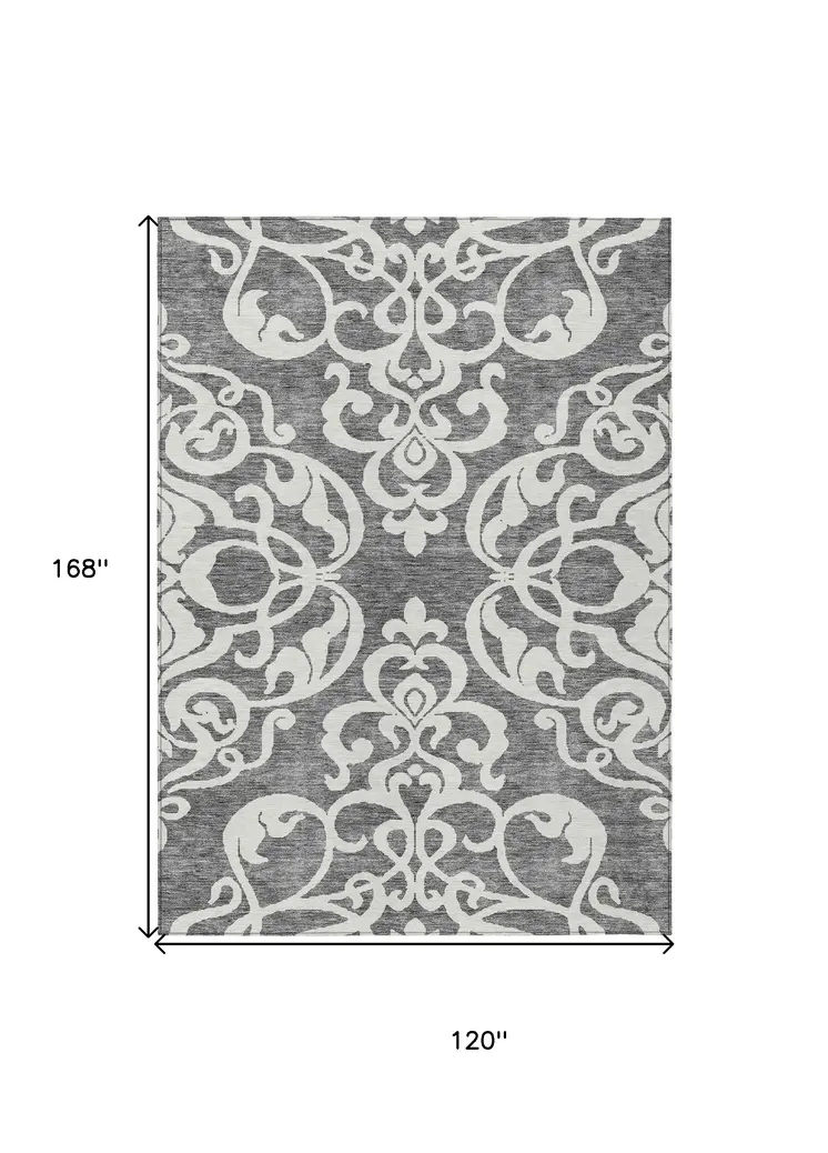 10' X 14' Gray And Ivory Damask Washable Indoor Outdoor Area Rug