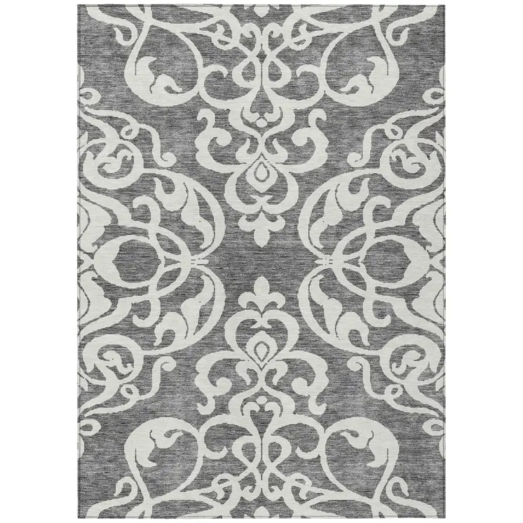 10' X 14' Gray And Ivory Damask Washable Indoor Outdoor Area Rug