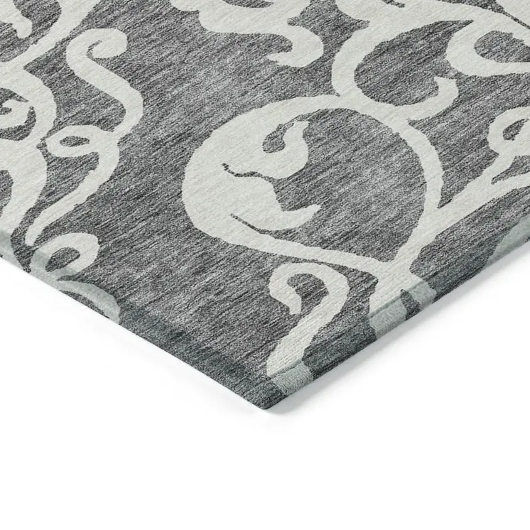 10' X 14' Gray And Ivory Damask Washable Indoor Outdoor Area Rug