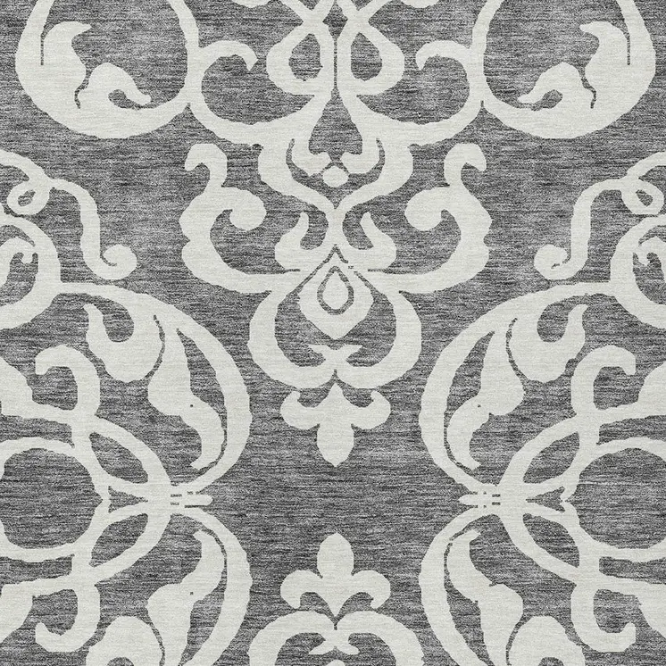 10' X 14' Gray And Ivory Damask Washable Indoor Outdoor Area Rug