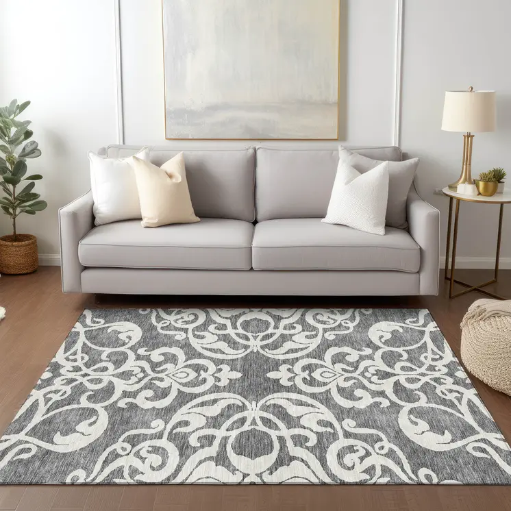 10' X 14' Gray And Ivory Damask Washable Indoor Outdoor Area Rug