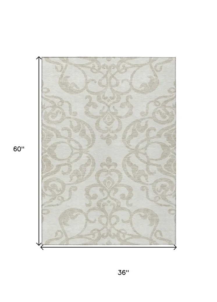 3' X 5' Ivory And Beige Damask Washable Indoor Outdoor Area Rug