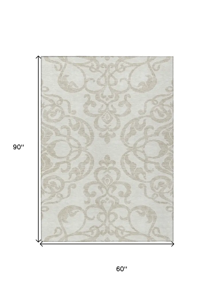 5' X 8' Ivory And Beige Damask Washable Indoor Outdoor Area Rug
