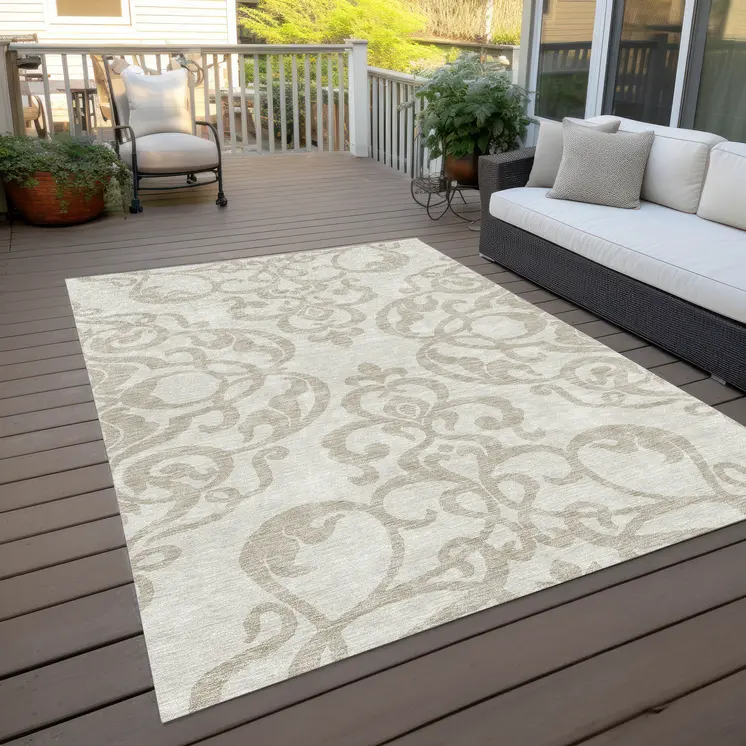 5' X 8' Ivory And Beige Damask Washable Indoor Outdoor Area Rug