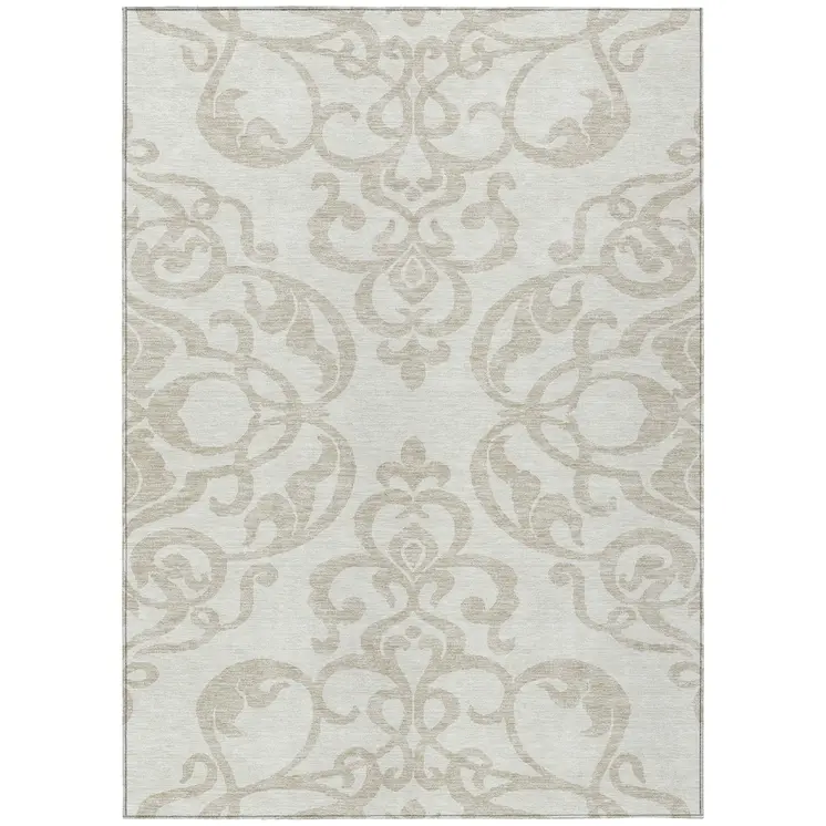 5' X 8' Ivory And Beige Damask Washable Indoor Outdoor Area Rug