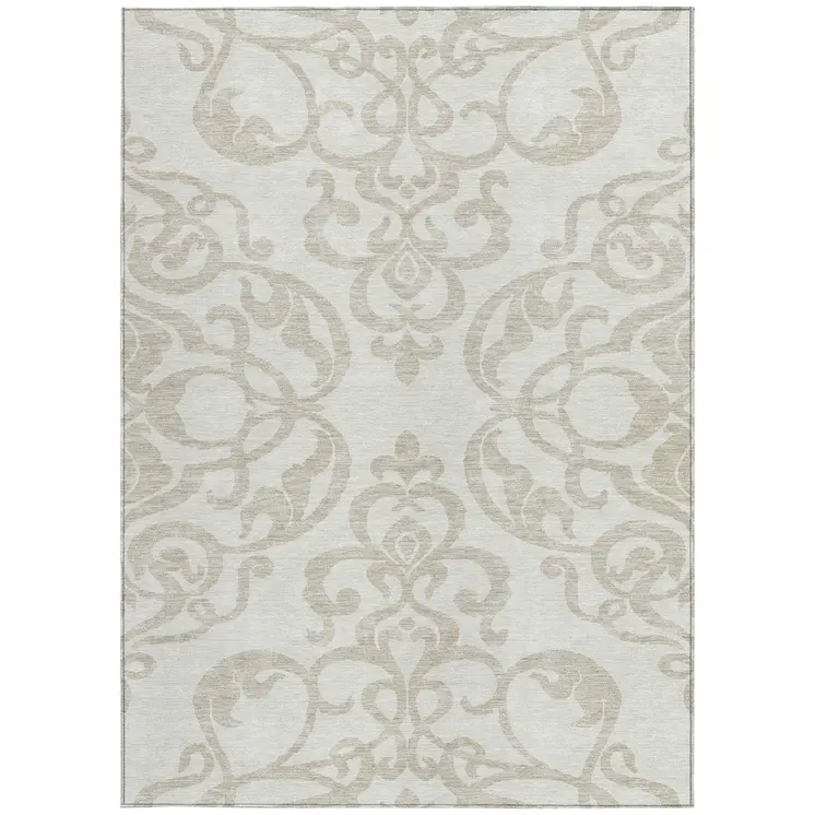 5' X 8' Ivory And Beige Damask Washable Indoor Outdoor Area Rug