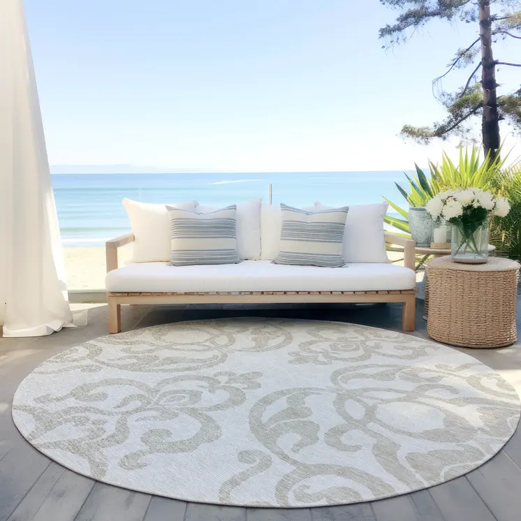 8' Ivory And Beige Round Damask Washable Indoor Outdoor Area Rug