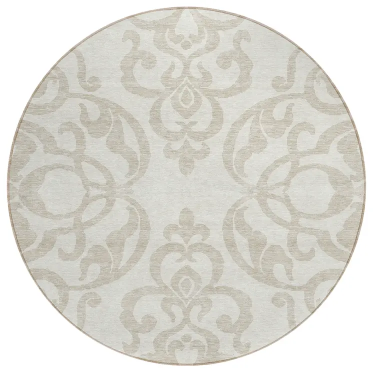 8' Ivory And Beige Round Damask Washable Indoor Outdoor Area Rug