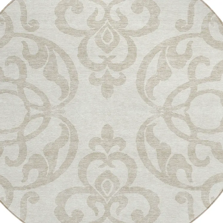 8' Ivory And Beige Round Damask Washable Indoor Outdoor Area Rug