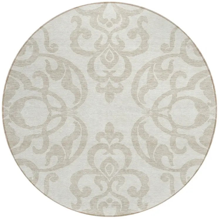 8' Ivory And Beige Round Damask Washable Indoor Outdoor Area Rug