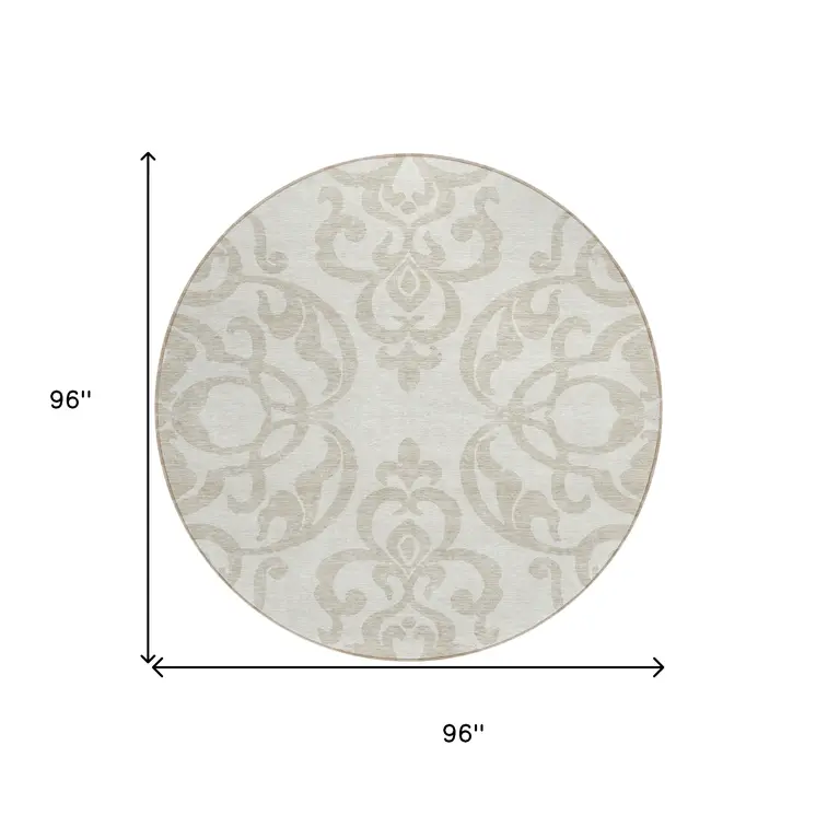 8' Ivory And Beige Round Damask Washable Indoor Outdoor Area Rug