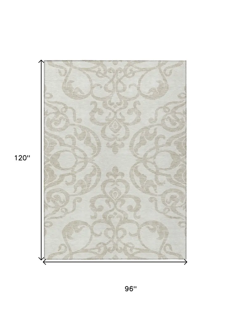 8' X 10' Ivory And Beige Damask Washable Indoor Outdoor Area Rug