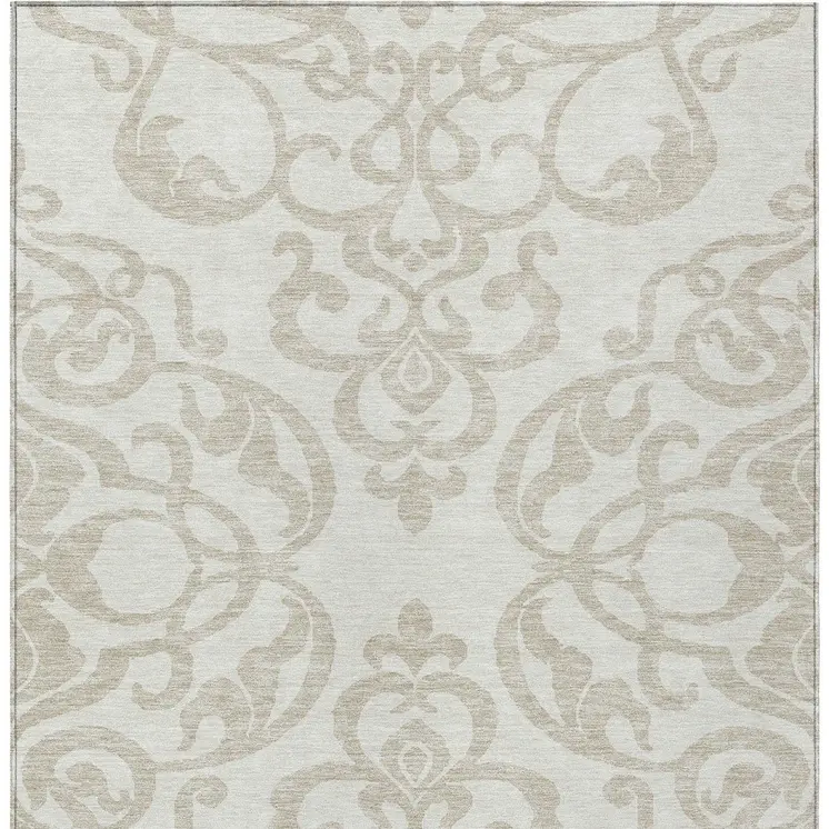 10' X 14' Ivory And Beige Damask Washable Indoor Outdoor Area Rug