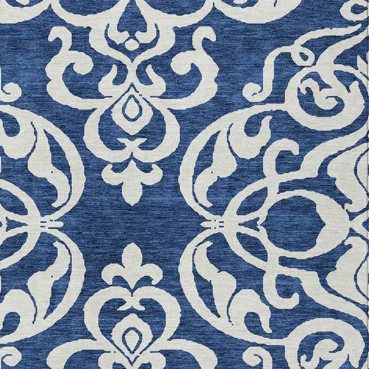 3' X 5' Navy Blue And Ivory Damask Washable Indoor Outdoor Area Rug