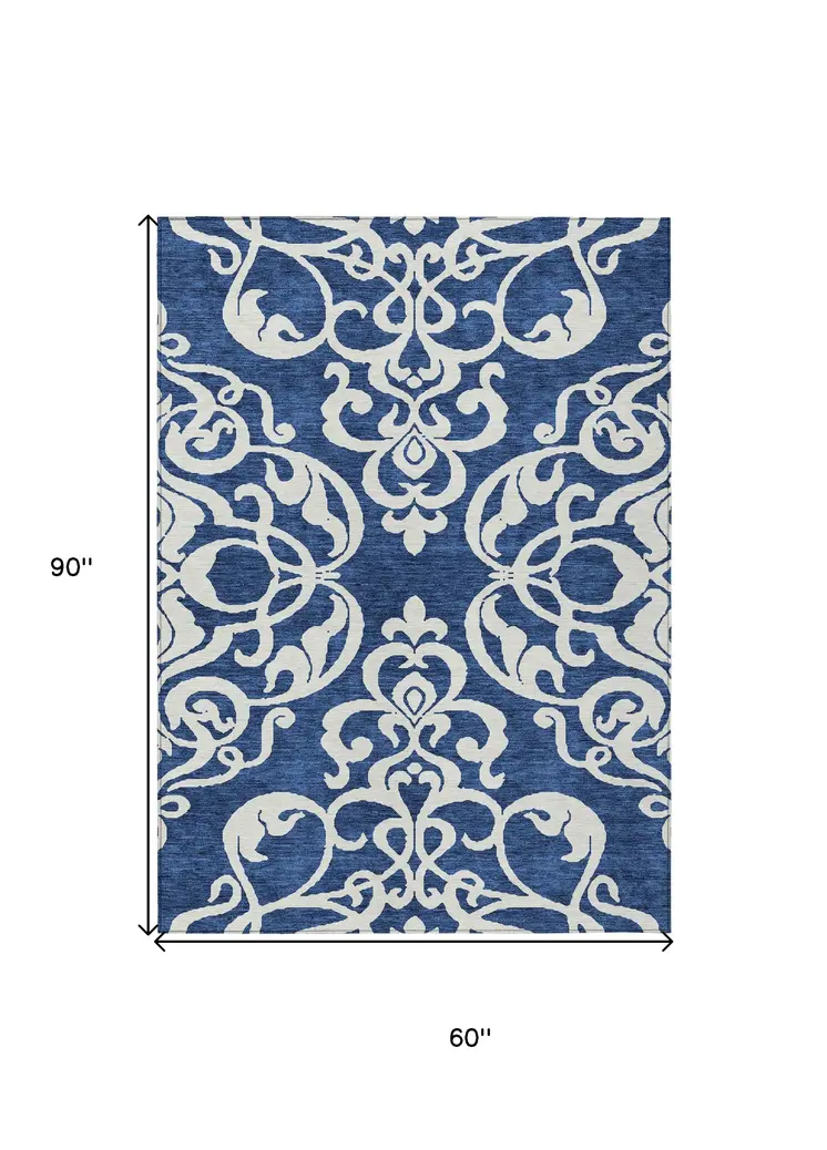 5' X 8' Navy Blue And Ivory Damask Washable Indoor Outdoor Area Rug