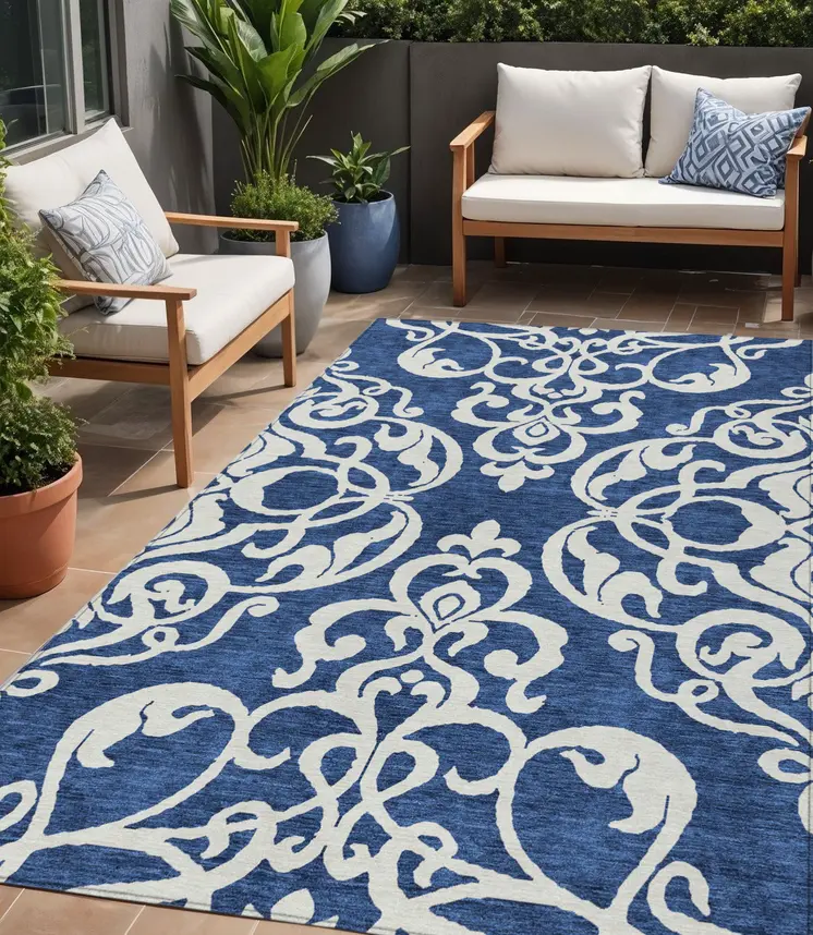5' X 8' Navy Blue And Ivory Damask Washable Indoor Outdoor Area Rug
