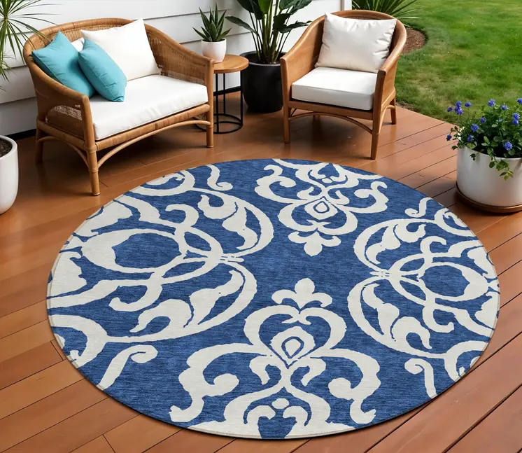 8' Navy Blue And Ivory Round Damask Washable Indoor Outdoor Area Rug