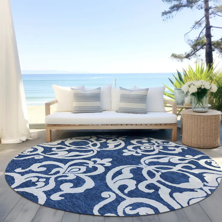 8' Navy Blue And Ivory Round Damask Washable Indoor Outdoor Area Rug