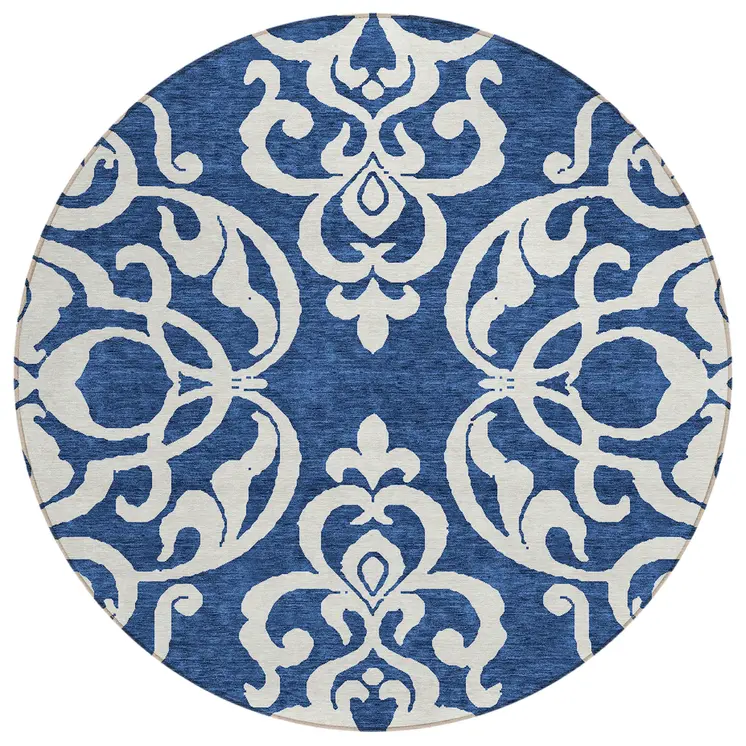 8' Navy Blue And Ivory Round Damask Washable Indoor Outdoor Area Rug