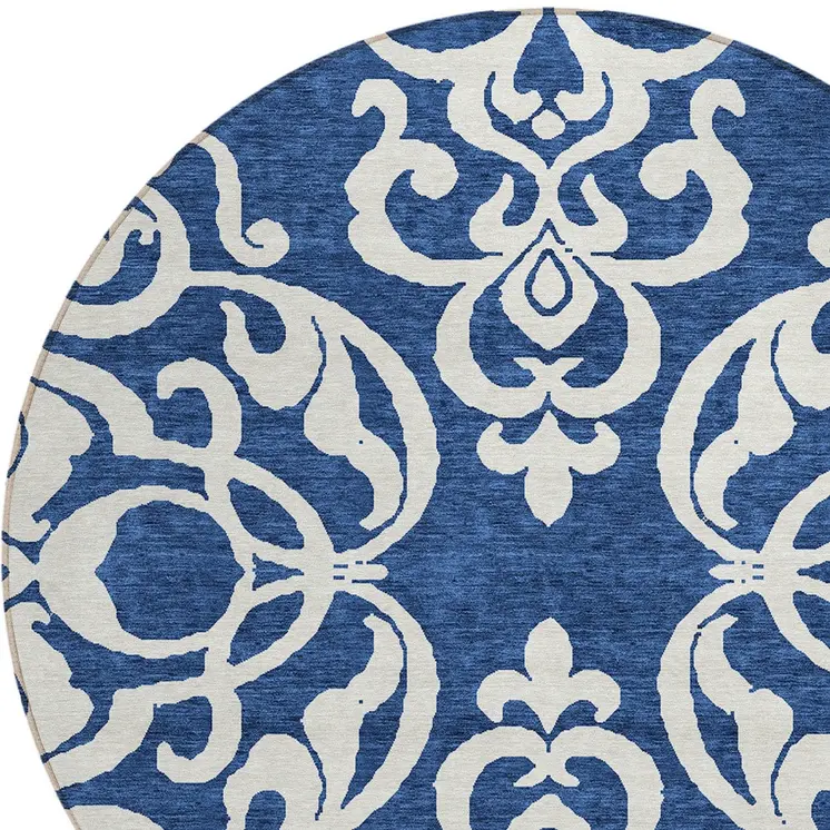 8' Navy Blue And Ivory Round Damask Washable Indoor Outdoor Area Rug