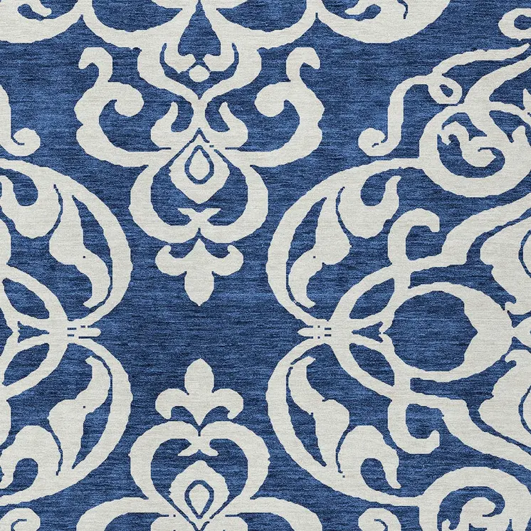 8' X 10' Navy Blue And Ivory Damask Washable Indoor Outdoor Area Rug