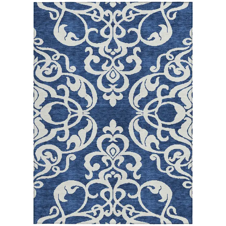 9' X 12' Navy Blue And Ivory Damask Washable Indoor Outdoor Area Rug