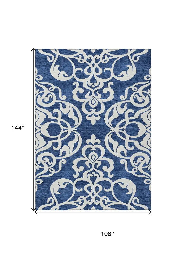 9' X 12' Navy Blue And Ivory Damask Washable Indoor Outdoor Area Rug