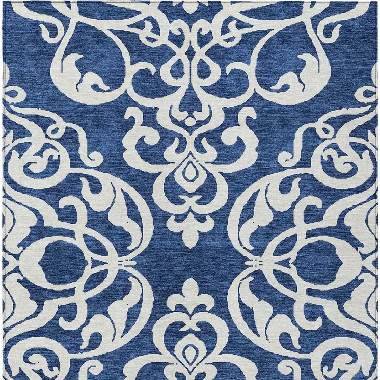 10' X 14' Navy Blue And Ivory Damask Washable Indoor Outdoor Area Rug