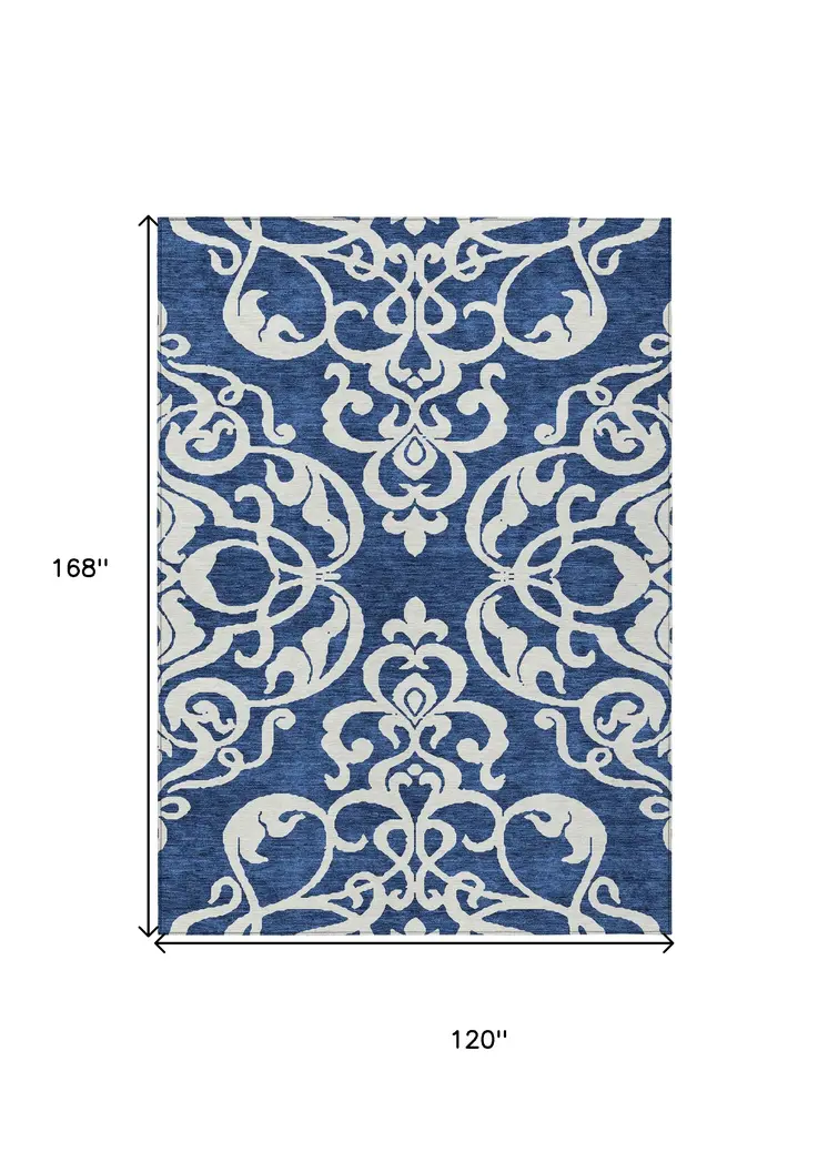 10' X 14' Navy Blue And Ivory Damask Washable Indoor Outdoor Area Rug