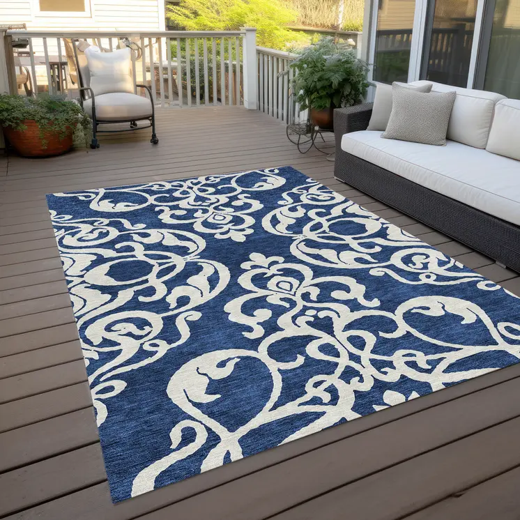 10' X 14' Navy Blue And Ivory Damask Washable Indoor Outdoor Area Rug