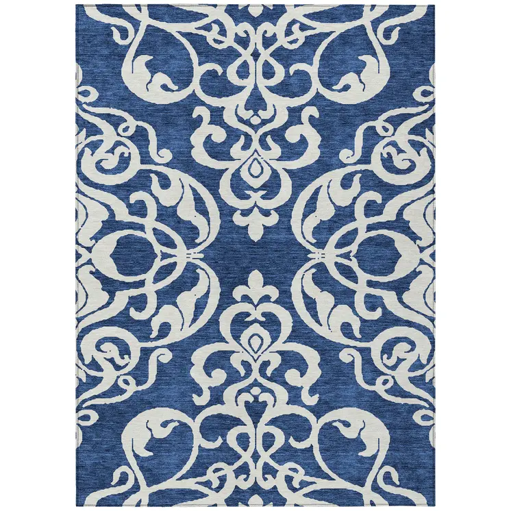 10' X 14' Navy Blue And Ivory Damask Washable Indoor Outdoor Area Rug