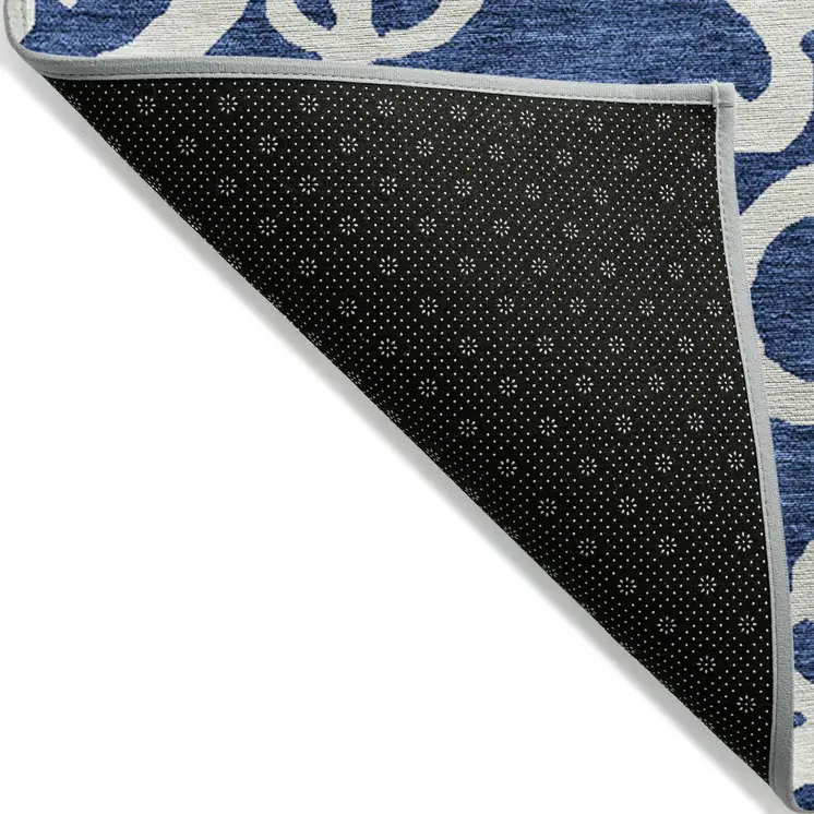 10' X 14' Navy Blue And Ivory Damask Washable Indoor Outdoor Area Rug