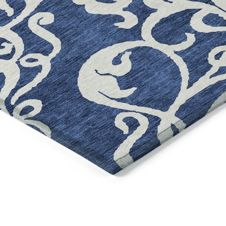 10' X 14' Navy Blue And Ivory Damask Washable Indoor Outdoor Area Rug