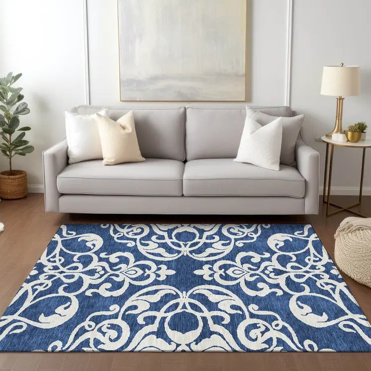 10' X 14' Navy Blue And Ivory Damask Washable Indoor Outdoor Area Rug