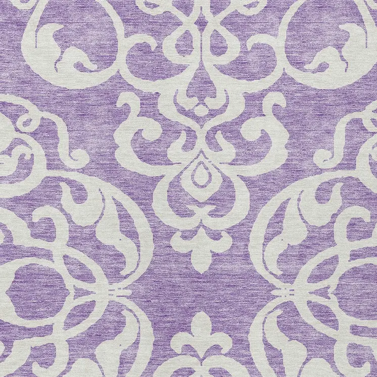 3' X 5' Purple And Ivory Damask Washable Indoor Outdoor Area Rug