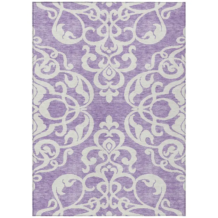 5' X 8' Purple And Ivory Damask Washable Indoor Outdoor Area Rug