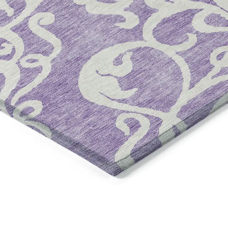 5' X 8' Purple And Ivory Damask Washable Indoor Outdoor Area Rug