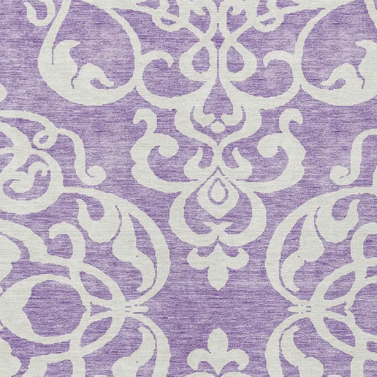 5' X 8' Purple And Ivory Damask Washable Indoor Outdoor Area Rug