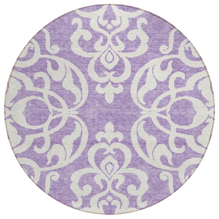 8' Purple And Ivory Round Damask Washable Indoor Outdoor Area Rug