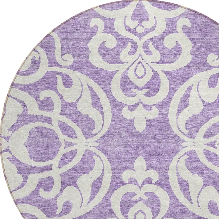 8' Purple And Ivory Round Damask Washable Indoor Outdoor Area Rug