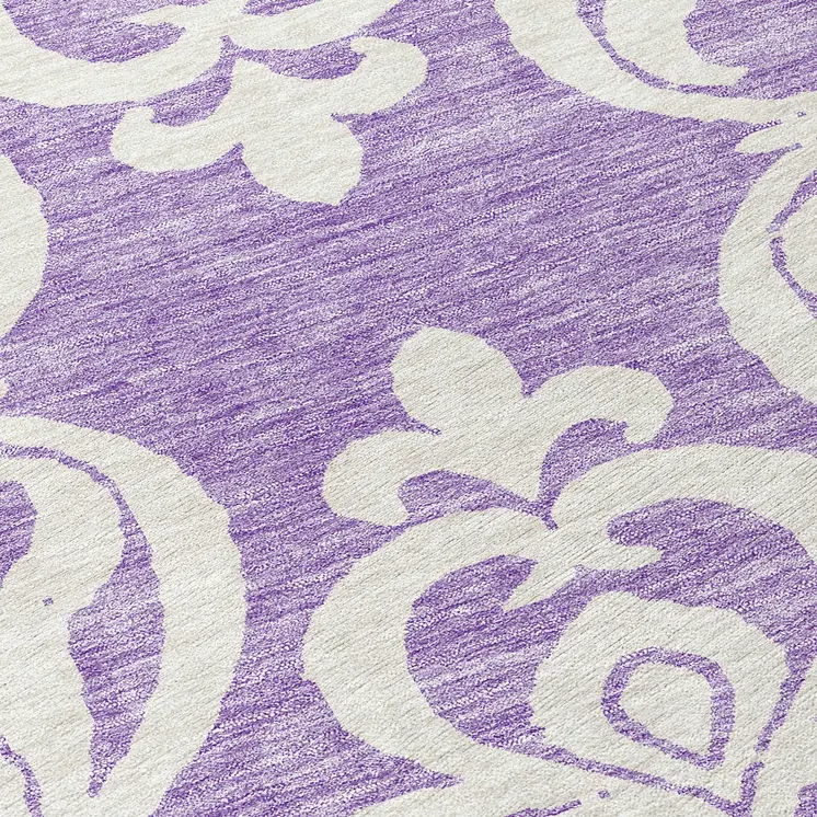 8' Purple And Ivory Round Damask Washable Indoor Outdoor Area Rug