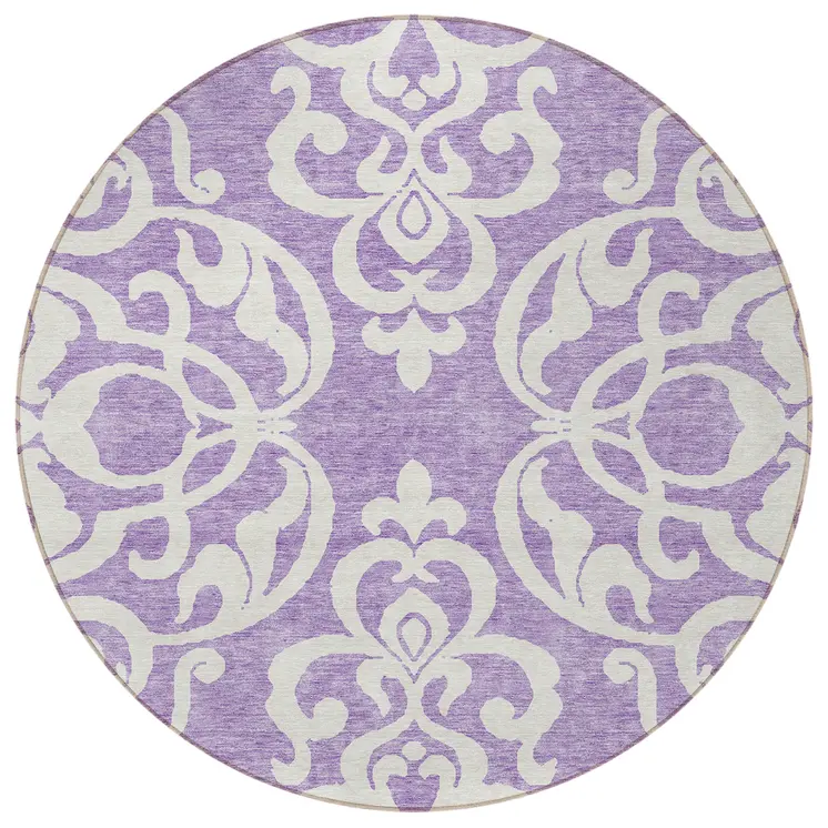 8' Purple And Ivory Round Damask Washable Indoor Outdoor Area Rug